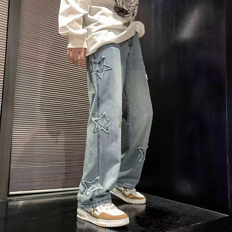 Star Embroidery Straight Casual Men Jeans Gothic Neutral New Wide Leg Loose Hip-Hop Fashion Youth Streetwear Denim Trousers Y2K